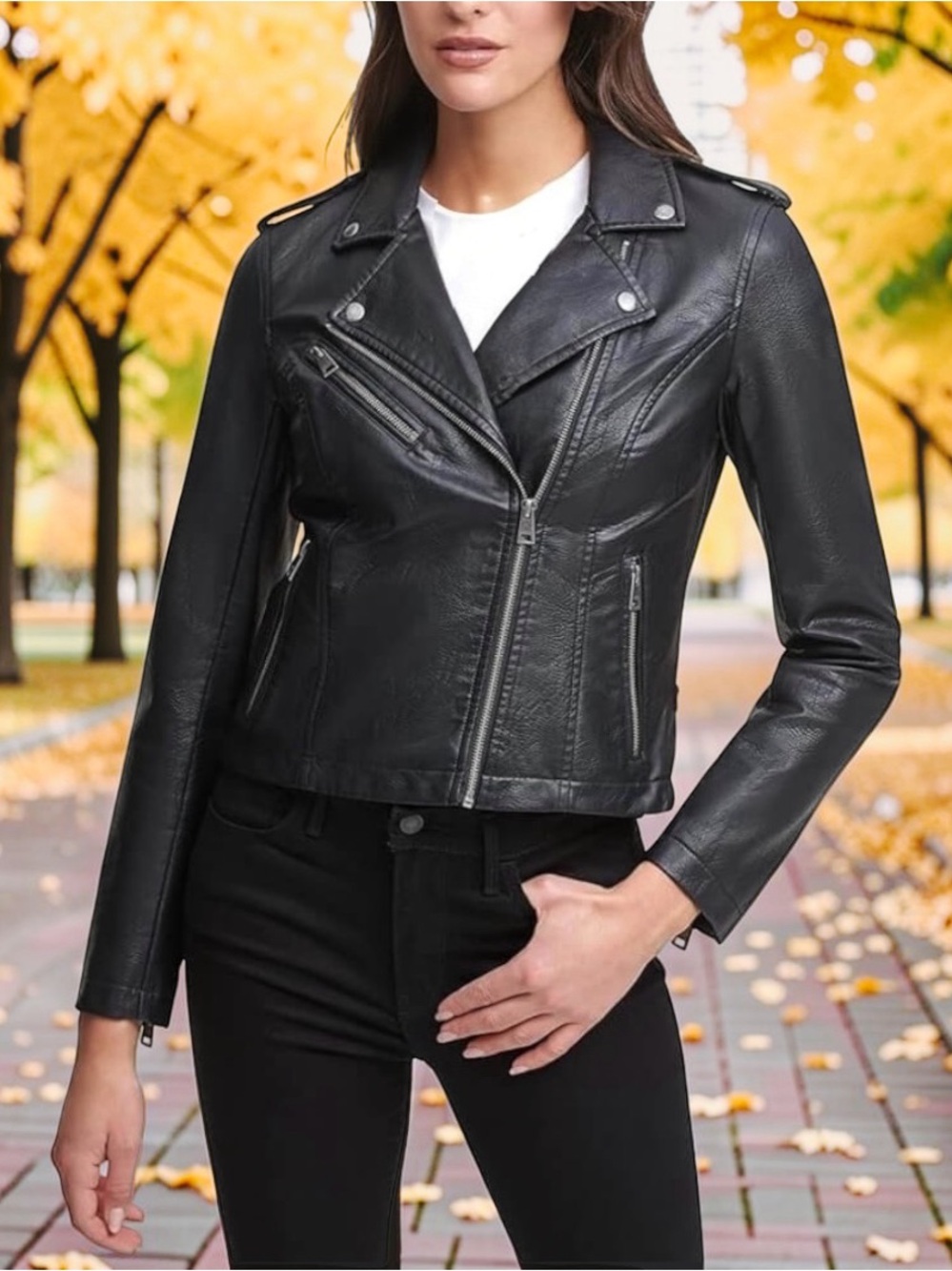Signature by Levi Strauss Black Faux Leather Moto Jacket with Zip Details